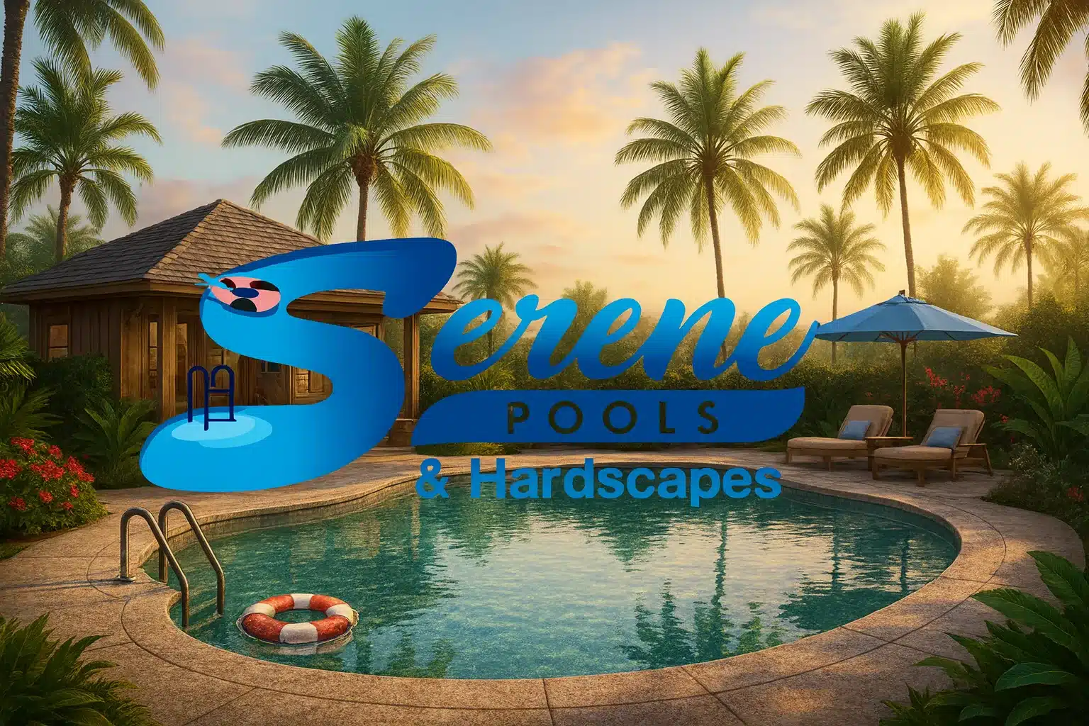 Pool surrounded by bird of paradise, hibiscus flowers, and bamboo privacy screens with tiki torches creating tropical paradise atmosphere