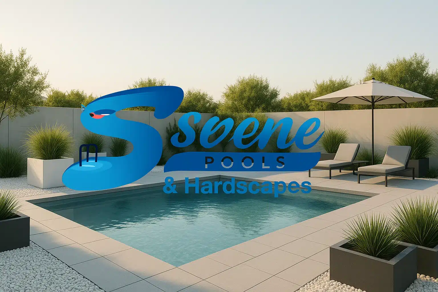 Modern minimalist pool design with geometric planters, ornamental grasses, and clean white stone borders