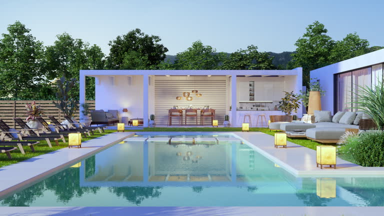 Luxury Villa Exterior with Swimming Pool, Sofa and Lounge Chairs. - Serene Pools How Much Does Pool Heater Repair Cost? (2025 Guide)