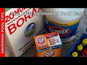Natural products (borax box, hydrogen peroxide, apple cider vinegar) next to professional pool chemicals